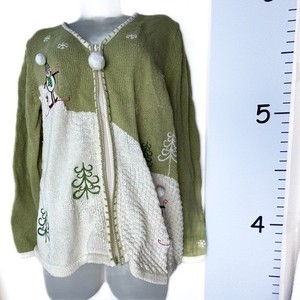 Christopher & Banks Green White Snowmen Skiing Full Zip Christmas Sweater Large