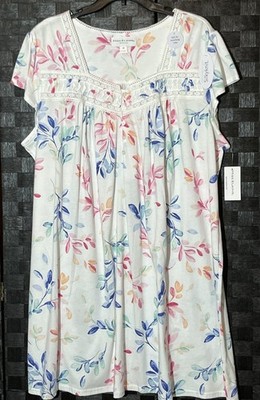 NWT MISS ELAINE 3X Silky Knit Watercolor Leaves Cotton Polyester Nightgown