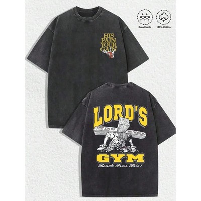Men s Washed Cotton ''Lord s Gym'' Graphic T-Shirt, Double-Sided Christian Fitness