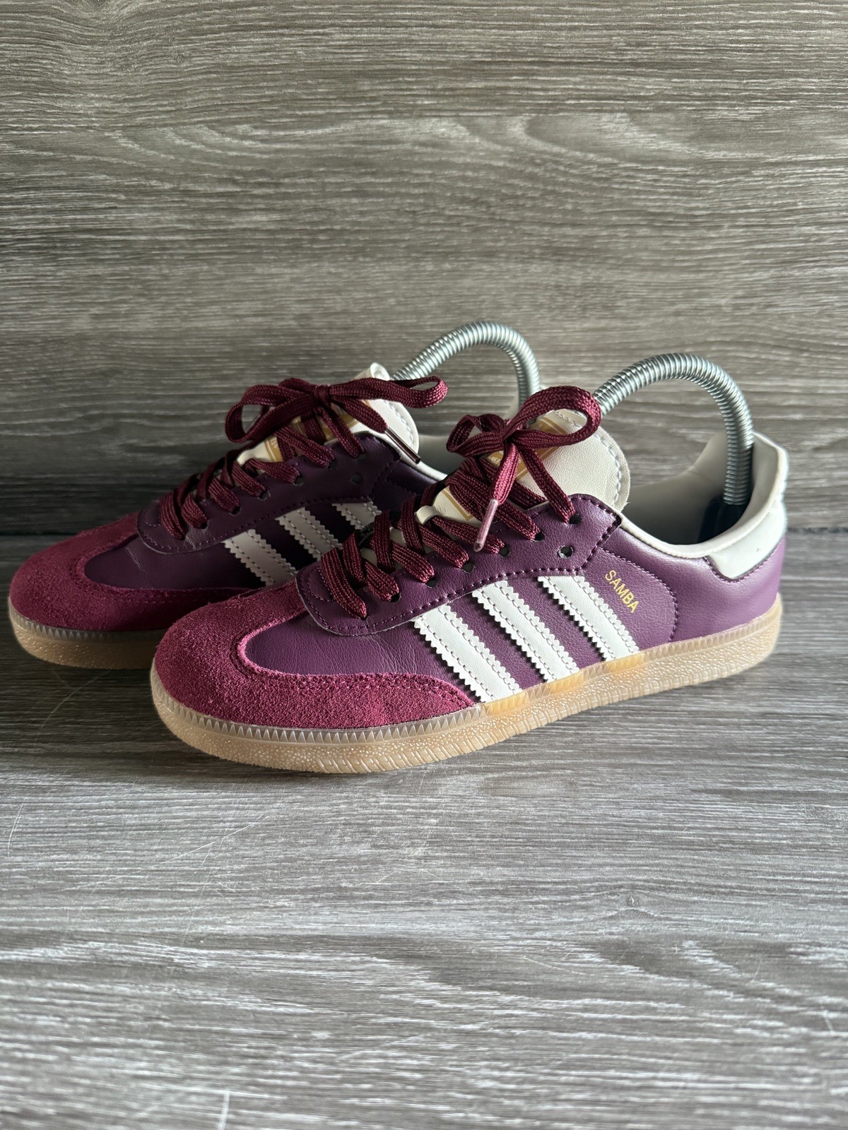 SAOLA Adidas Samba Leather Trainer Borgogna e Champagne UK 4 5 suola in gomma
