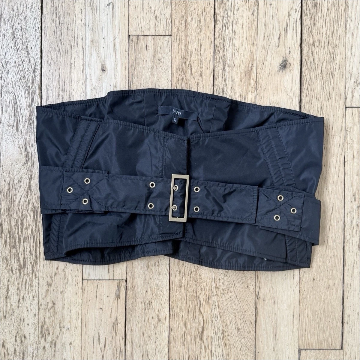 Gucci Black nylon waist belt corset with gold hardware. SOLD) A Gucci by Tom Ford Mink Fur/Leather GG Buckle Belted  main image 2