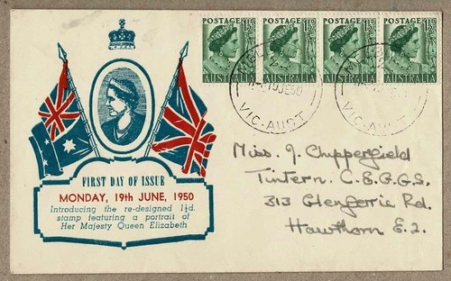 Australia 1950 Haslem Blue QEII 2½d Strip 4 FDC Cover