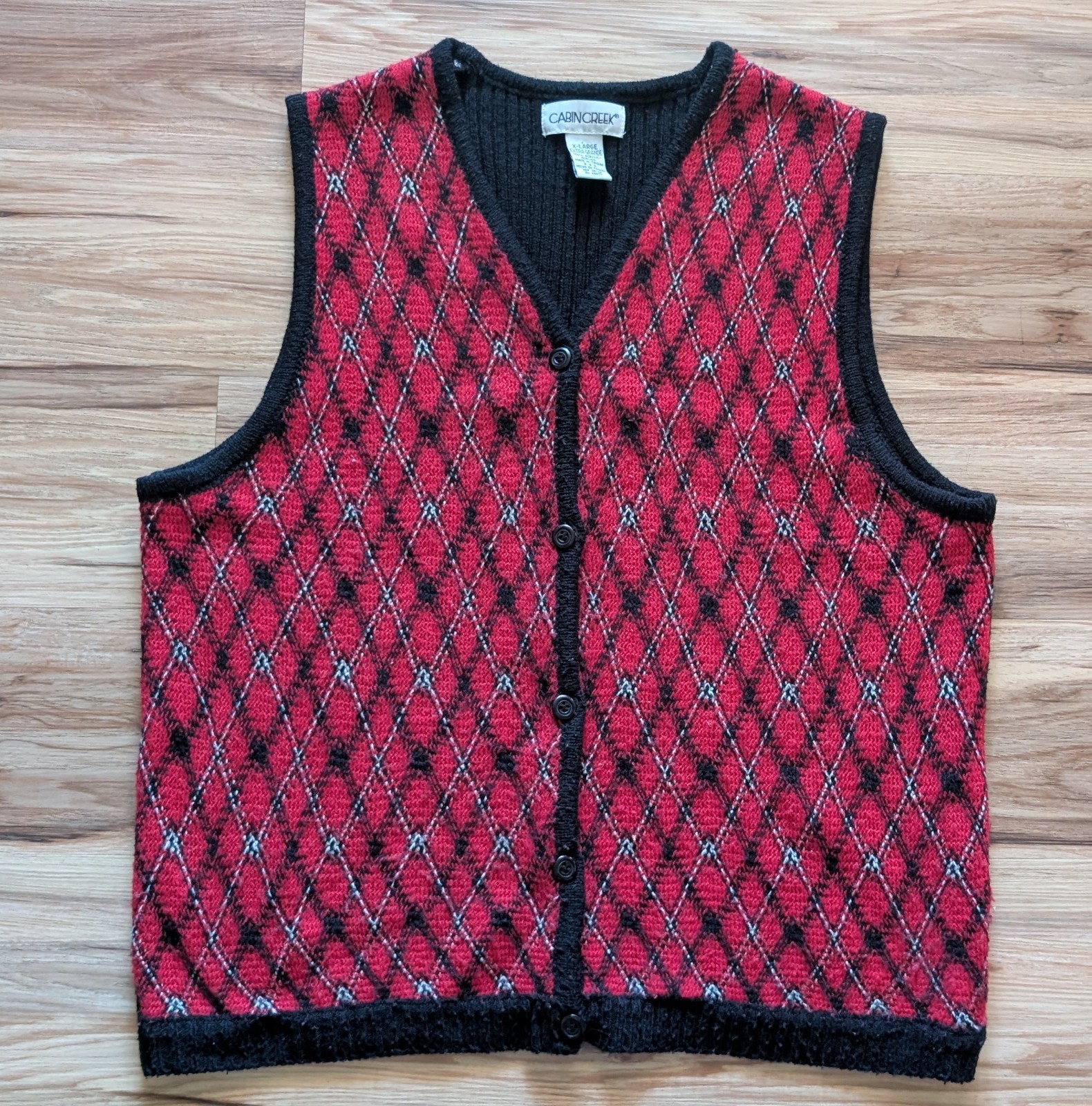 Vintage Cabin Creek Plaid Knit Sweater Womens XL Red Holiday Academia Christmas