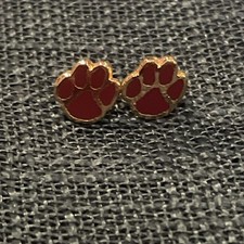 Gold Toned Red Animal Paw Print Stud Earrings