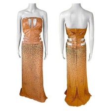 Gianni Versace F/W 2001 Runway Leather Corset Bandage Crystal Sheer Dress Gown