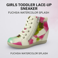 Girls Toddler Lace-Up Cute Flat Sneakers Fuchsia Watercolor Splash Side Zipper