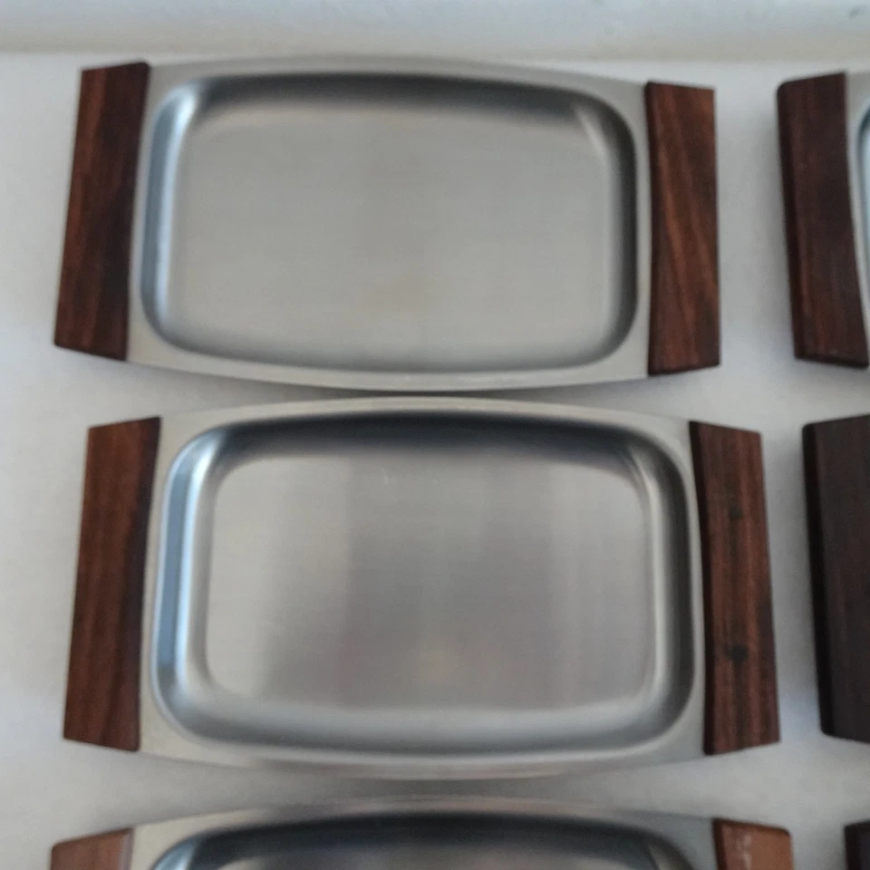 Mini Tray Stainless Steel Wood MCM Danish Style Plates Vintage Set of 12 - Image 3 of 4