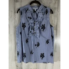 Derek Lam IO Crosby Blouse Size 6 Blue Striped Floral Striped Ruffles Sleeveless