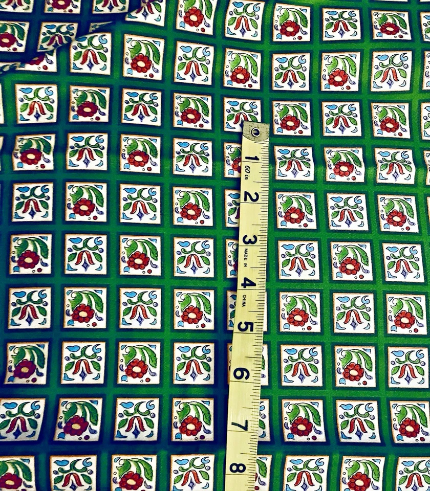 Jim Shore Folk Art Red Green & Yellow Tiles Stripes for Quilting Treasures BTFQ - Image 4 of 4