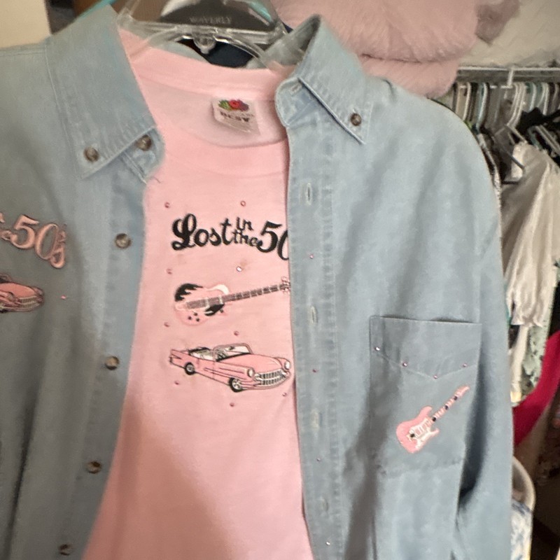 JERZEES Blue Denim Button-Up Shirt Embroidered Guitar Patch Size S
