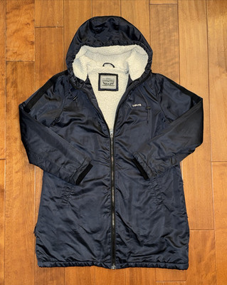 Levis Parka Jacket Mens Large Navy Blue Sherpa Lined Hooded Full Zip Heavy Coat