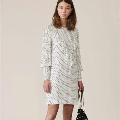 GANNI Rometty Georgette Polka Dot Ruffle Mini Dress White Black Size 34/XS/0-2