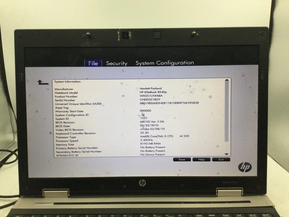 HP ELITEBOOK 8540P - BOOTS TO BIOS - INTEL I5 M520 - 8GB RAM - 15" - READ - BB - Image 2 of 4