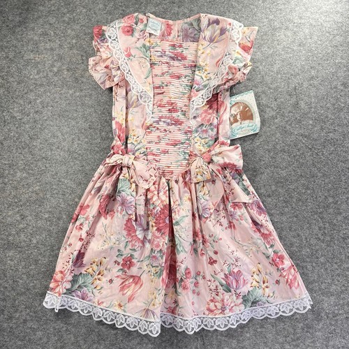 Vintage Caitlyn Scott Girls Dress Size 12 Floral Lace Bows Pink Cottagecore