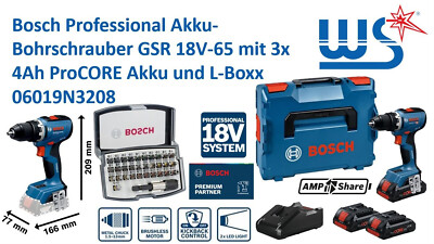 Bosch GSR 18V-65 Akku-Bohrschrauber 3x 4Ah Akku L-Boxx 06019N3208 Bit Set 32-tlg