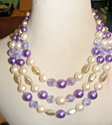 Vintage 1950s triple strand necklace purple & pearl beads & glass beads - Image 1 of 4