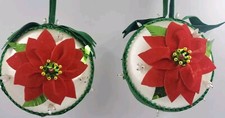 VTG PUSH PIN BEAD SEQUIN SATIN POINSETTIA CHRISTMAS TREE ORNAMENT BALLS Set Of 2