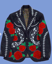 Men Black 2Pc Western Floral Embroidered With Rhinestones Cowboy Cocktail outfit