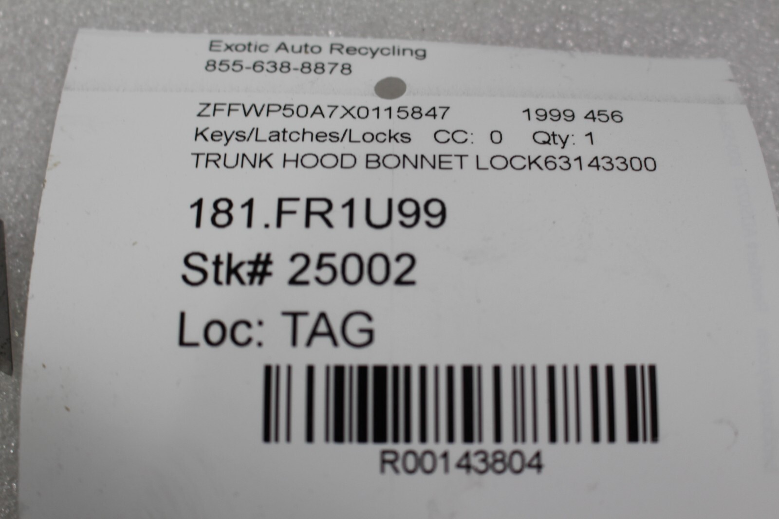 Ferrari 456 M, 550, 575, Trunk Latch / Lock, Used, P/N 63143300