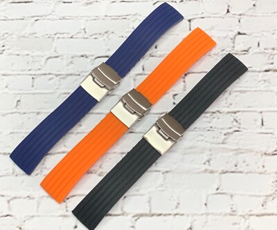 22 mm Tire Tread Navy Blue Orange Black Silicone Strap  Butterfly Tri Fold Clasp