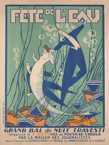 Vintage französische Meerjungfrau Poster Kunst Reproduktion Metallschild KOSTENLOSER VERSAND