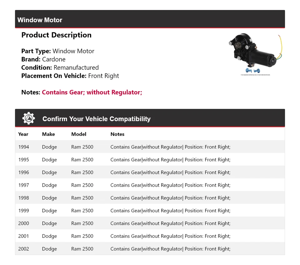 Para Dodge Ram 2500 1994-2002 Motor Ventana Delantero Derecho Cardone 1995 1996 1997 Foto 2 de 4