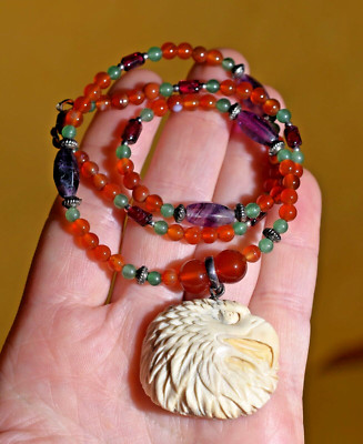 Eagle Carved Deer Antler Pendant On Carnelian Aventurine Fluorite Bead Necklace