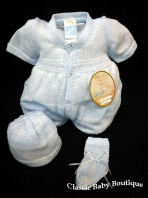 NWT Will'beth Blue Knit Button 3pc Romper 3 Months Baby Boys Hat & Booties 3 M