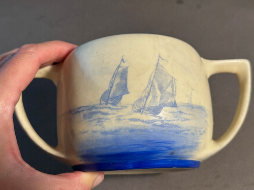CREAM & BLUE DUTCH NAUTICAL SAILING THEME COVERED SUGAR BOWL & CREAMER SET VTG - Picture 9 of 10