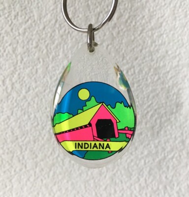 Vintage Keychain INDIANA Key Ring Acrylic Fob COLORFUL COVERED BRIDGE Unique