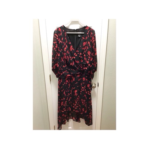 DKNY Woman NWT Black & Red Floral Midi Dress Size 18W Chiffon