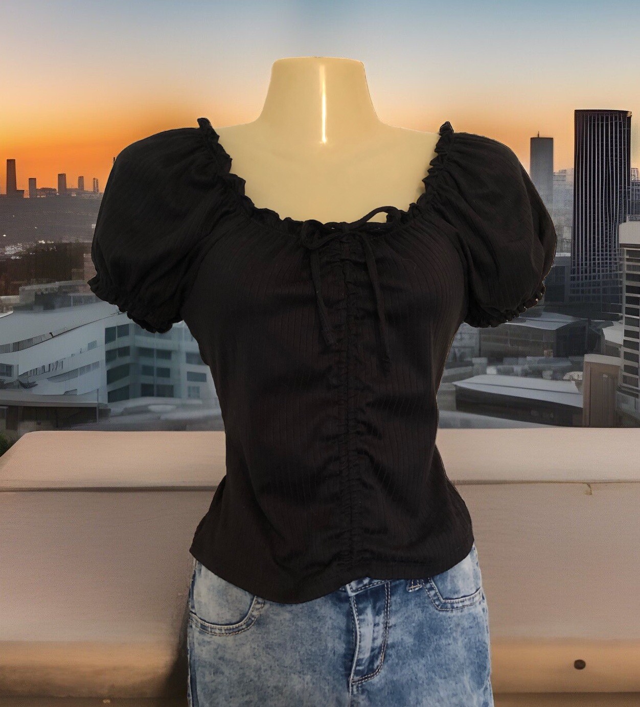Adjustable Crop Top Junior’s Size Medium (7-9) Puff Cap Sleeve Ribbed Black-image