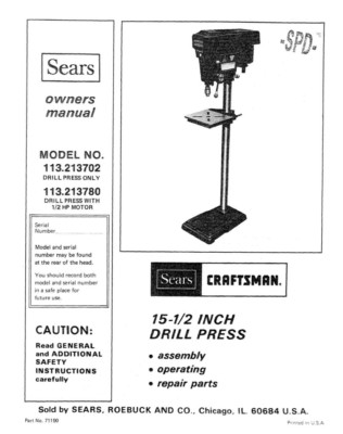 #ad Craftsman 113.213780 113.213702 Drill Press Owners Instruction Manual $20.24