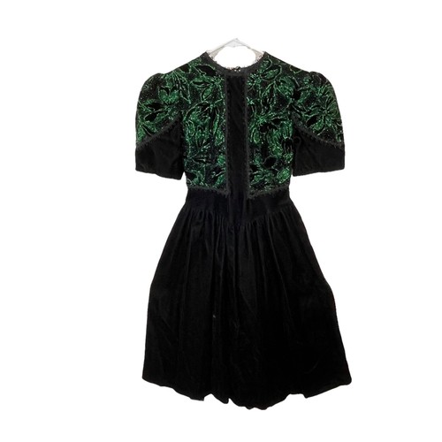 Jessica McClintock Dress Girl 7 Gunne Sax Puff Sleeve Black Velvet Green Glitter