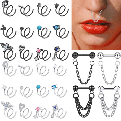 Surgical Steel Double Hoop Nose Ring for Single Piercing Chain Dangle Nose Rings