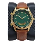 Vintage Seiko H801-6098 Ana-Digi Quartz Watch Green Dial Gold Tone Leather