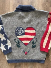 The Eagles eye L Handknit Cardigan Vintage 80’s Sweater Patriotic Farm Wool D7