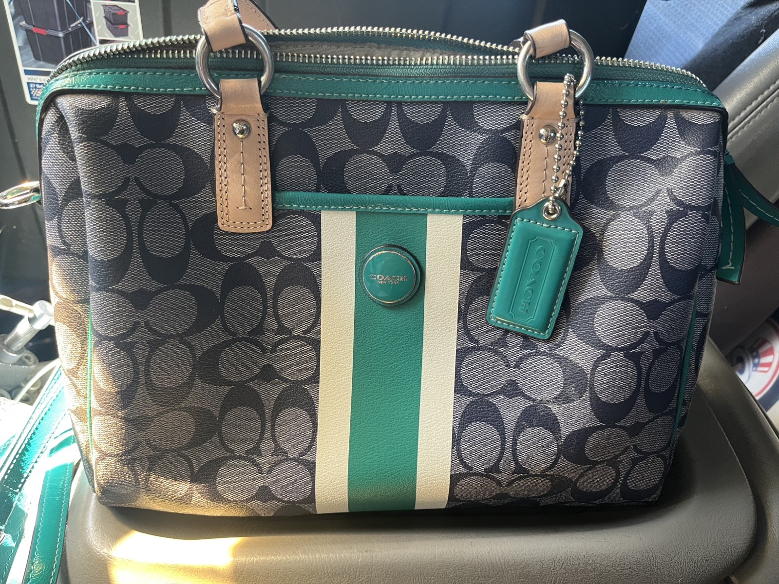 Coach Green Leather Signature Stripe Satchel Bag c1494 - f24362