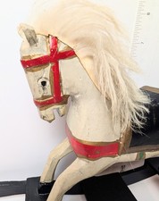 Antique Wooden Rocking Horse Hand Carved and Hand Painted Toy w Real Horse Hair