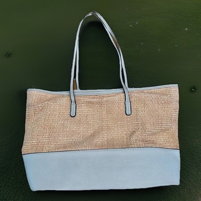 Izzy & Ali Light Blue Large Soft Straw Rattan Shoulder Purse Handbag 18x11