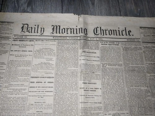 Civil War ABRAHAM LINCOLN May 2nd 1865 Daily Morning Chronicle Lincoln's Remains