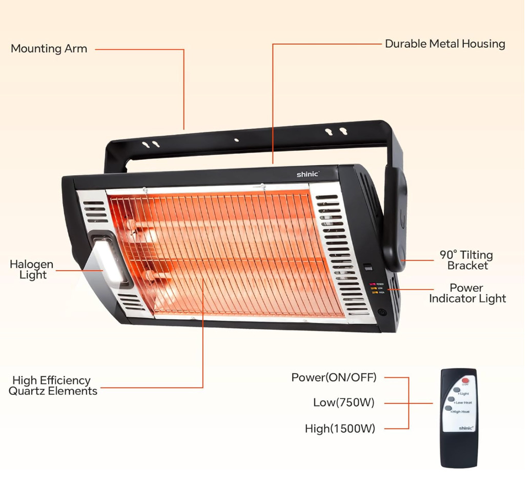 Garage Heater, 1500W Ceiling Mounted Shop Heater with Remote Control, 5 Mode Set