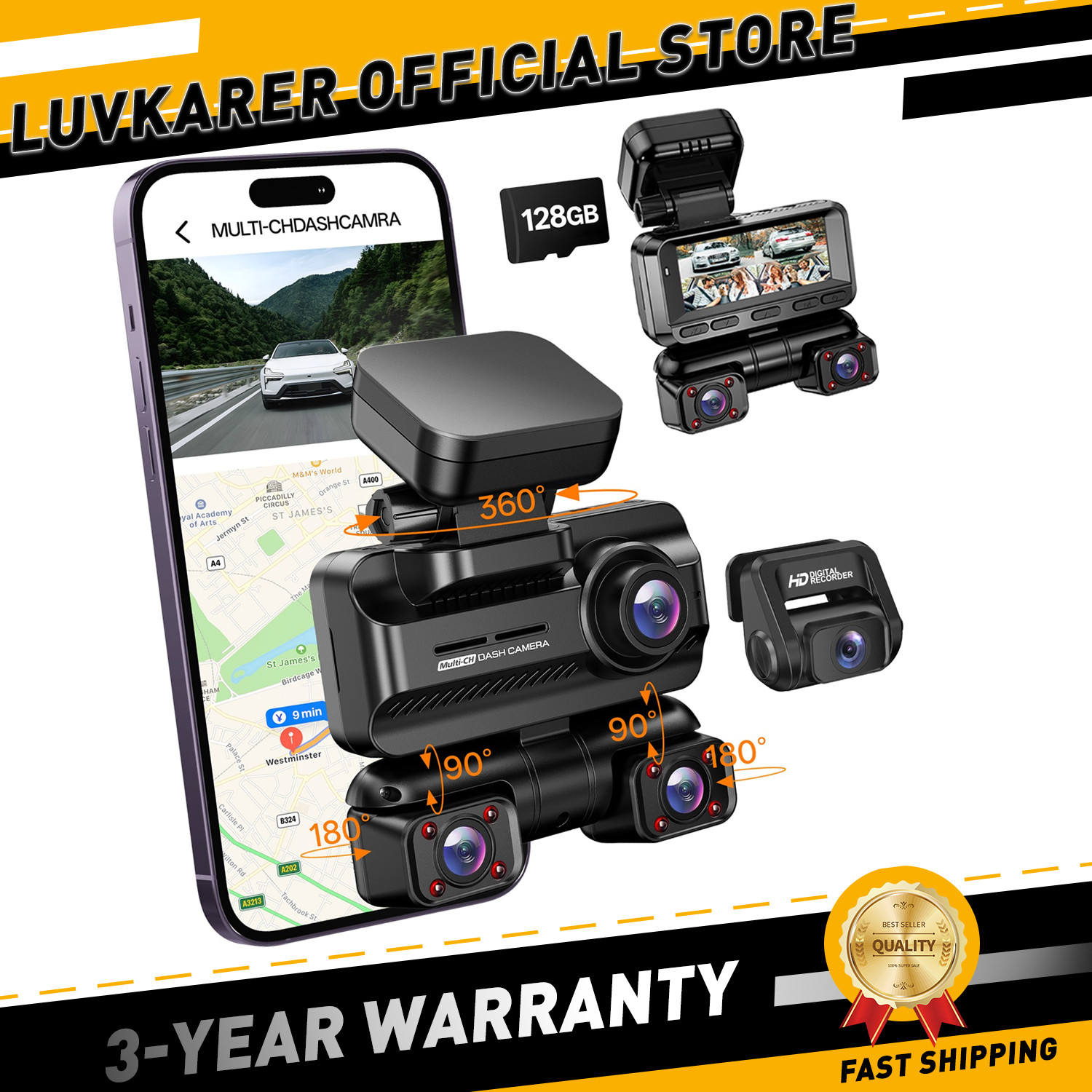4 Channel Dash Cam Front Rear Inside,4K Full HD 4 Way Dashboard Camera,GPS WiFi