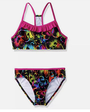 Speedo Girls 2-PC Tankini Swimsuit Love Hearts Print Black Neon 16 NWT