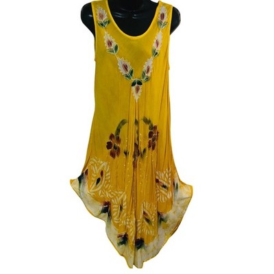 Y2K CW Classics Midi Dress Womens L Yellow Batik Handkerchief Hem Boho Artsy