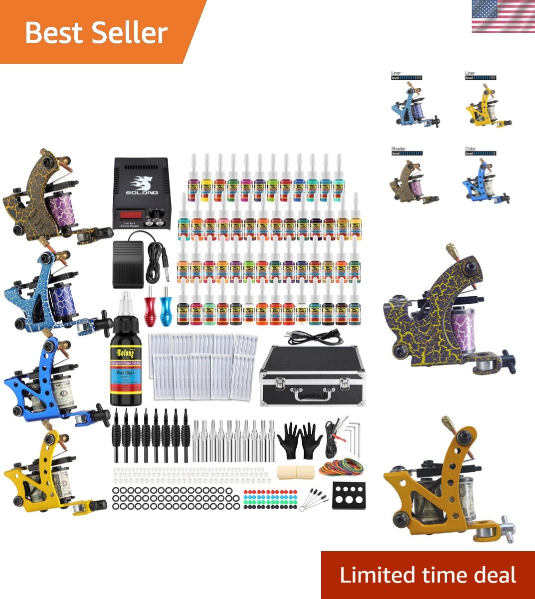 Complete Tattoo Starter Set: 4 Machines, Full Color Inks & D