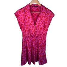 Zara Satin Effect Floral Mini Dress Womens Medium Pink Red Smocked Waist Career