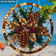 8" Holly Berry Pinecone Autumn Window Decor