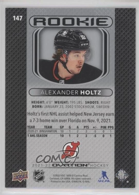 2021-22 Upper Deck Ovation Rookies Standing /500 Alexander Holtz #147 Rookie RC - Image 2 of 2