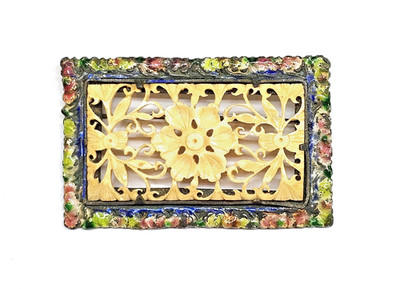 VTG Chinese Export Hand Carved w/Multicolor Enamel & Floral Design Silver Tone